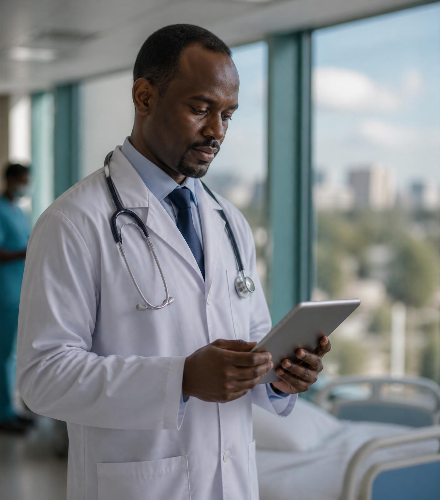 Doctor reviewing a case on a tablet in a Nairobi hospital