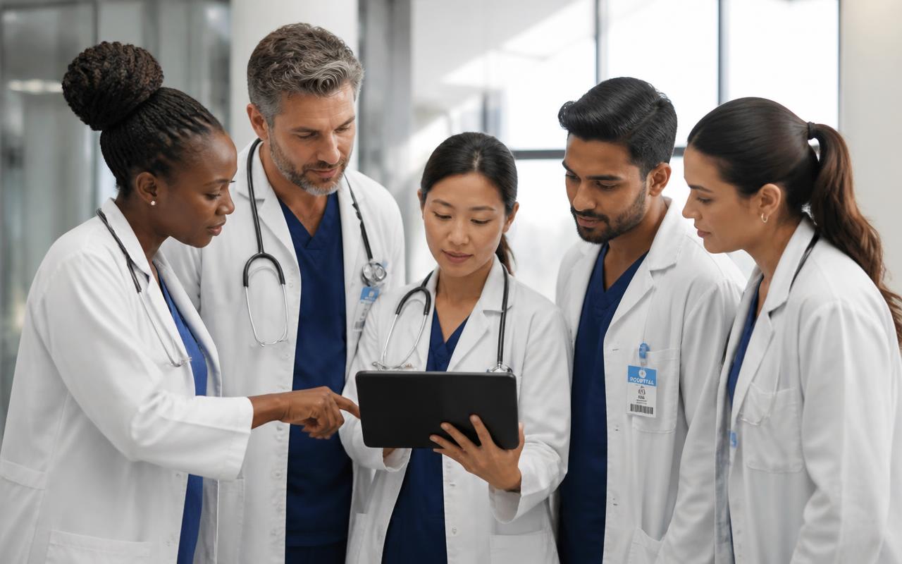 A diverse, multiracial team of doctors reviewing a patient case on a tablet