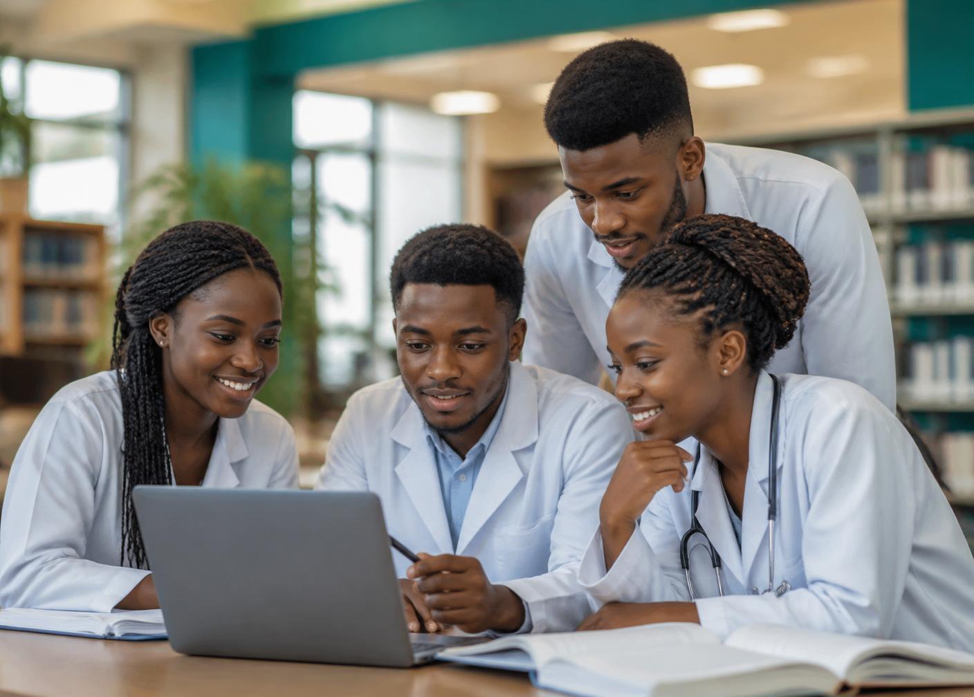 Medical students collaborating around a laptop