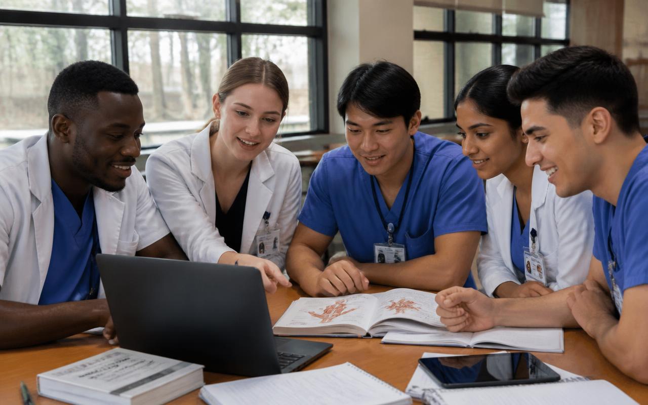Multiracial medical students collaborating around a laptop and anatomy notes